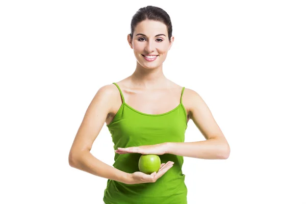 Healthy woman with a green apple — Stock Photo, Image