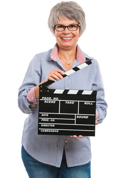 Gelukkige Oudere Vrouw Met Een Klapbord Geïsoleerd Witte Achtergrond — Stockfoto