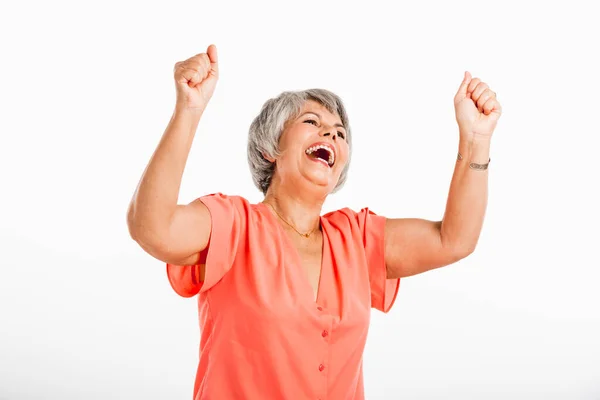 Happy Old Woman Both Arms Air Isolated White Background — Stock Photo, Image