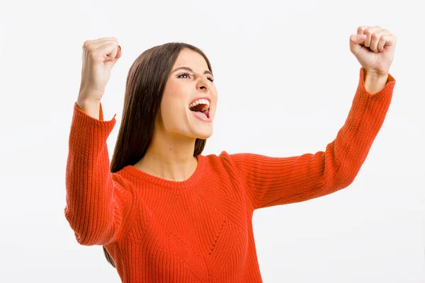 Mujer Hermosa Feliz Con Los Brazos Arriba Aislado Sobre Fondo —  Fotos de Stock