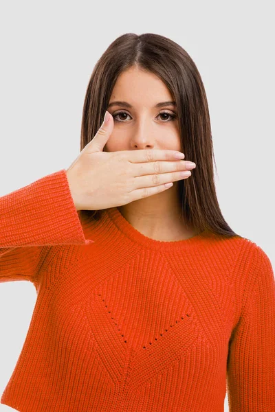 Portret Van Een Mooie Vrouw Die Betrekking Hebben Haar Mond — Stockfoto