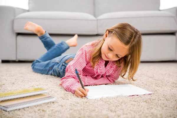 Cute Little Girl Home Studying — Stock Photo, Image