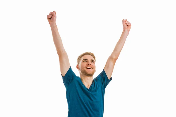 Kolu Havada Beyaz Arka Planda Soyutlanmış Mutlu Genç Bir Adam — Stok fotoğraf
