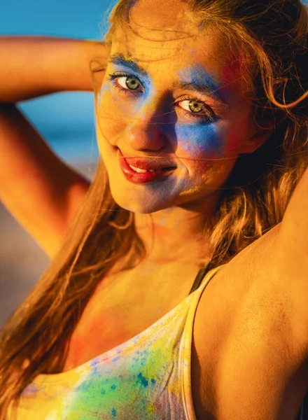 Portrait Beautiful Girl Full Colored Powder Face — Zdjęcie stockowe