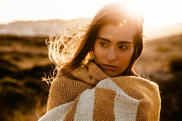 Beautiful Young Woman Walking Wood Path Wrapped Yellow Wool Towel — ストック写真