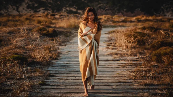 Beautiful Young Woman Walking Wood Path Wrapped Yellow Wool Towel — Stock Photo, Image