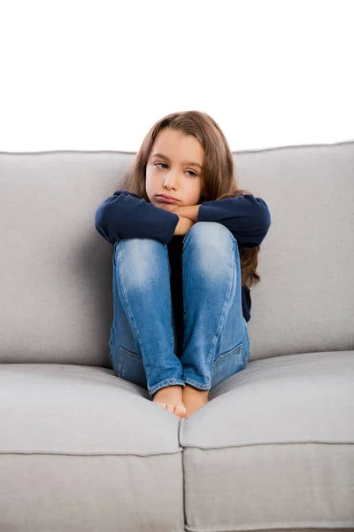 Little Girl Sitting Couch Upset Bored Face — Stockfoto