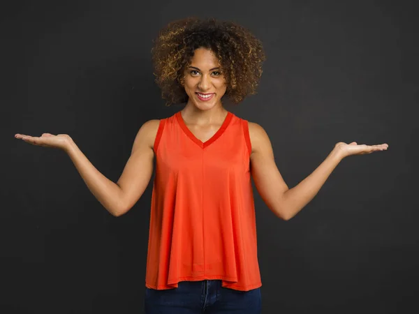 Beautiful African American Woman Arms Open Making Scale Hands — Stock Photo, Image