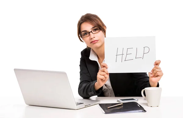 Zakenvrouw Het Bureau Houdt Een Papier Witl Help Bij Word — Stockfoto