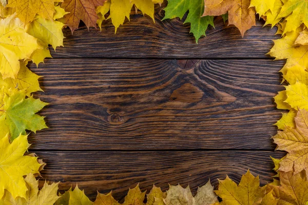 Yellow autumn maple leaves rectangular frame on brushed wooden table background — Stock Photo, Image