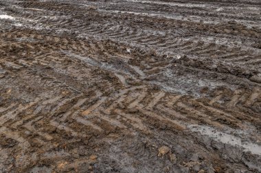 Yağmurdan sonra kırsal bir yol. Toprak yolda yağmur üstüne su birikintileri. Kil, toprak ve su birikintileri bulutlu gün ışığında yağmurdan sonra, sonbahar mevsimi.
