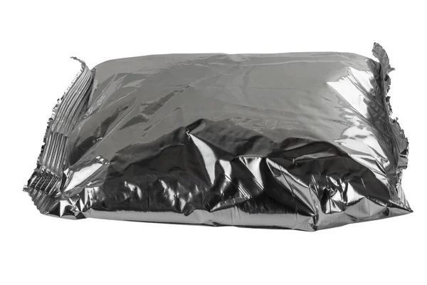 Small blank single-use crumpled aluminum foiled plastic bag isolated on white background — Stock Photo, Image
