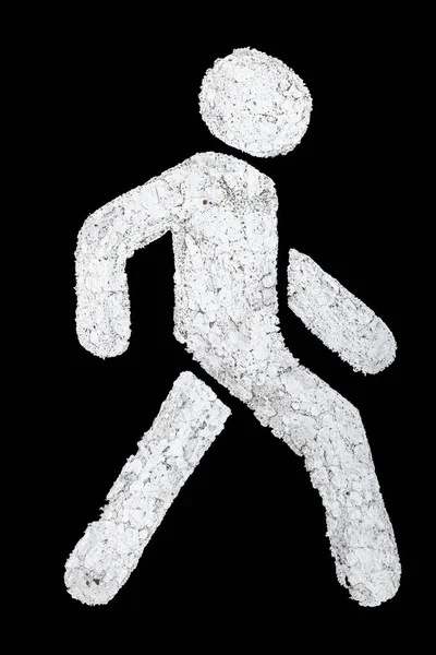 Branco caminhante sinal de rua na estrada de asfalto da cidade cinza isolado no fundo preto — Fotografia de Stock