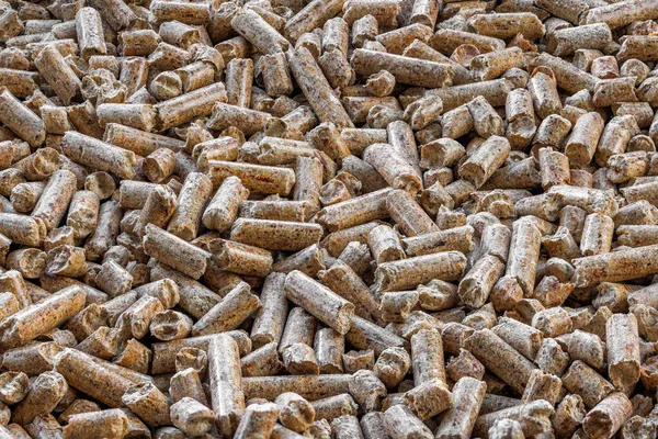 Borovi pellet alom kedvtelésből tartott állatoknak és bioüzemanyagoknak, texturált háttér. Makró közelkép részletek, egy szín teljes keret kép. — Stock Fotó