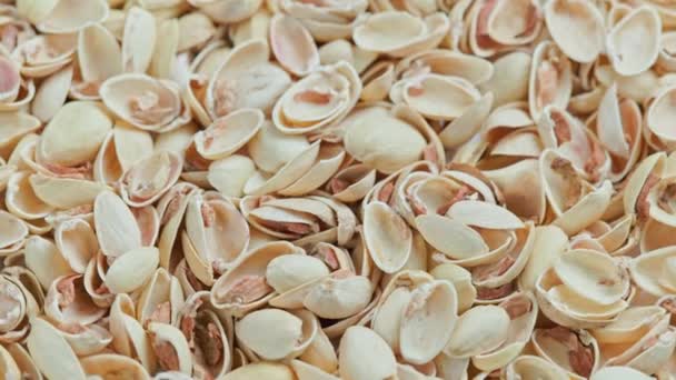 Looped rotating empty pistachios shells full frame close-up background — Stok Video