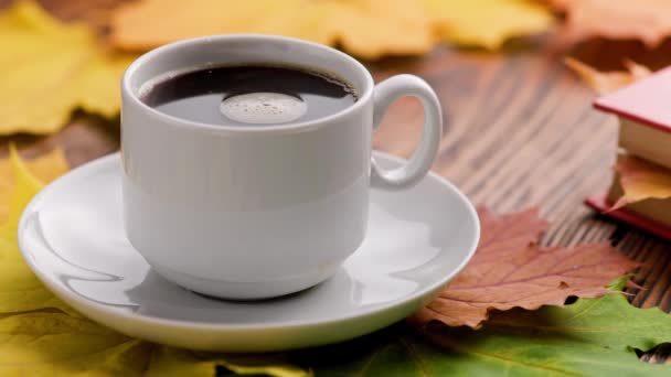 Kávé csésze fa asztal könyv és színes őszi juharfalevelek forgó kávé buborékok — Stock videók