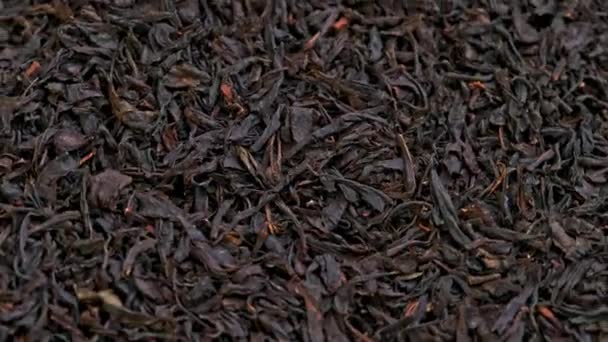 Крутящийся сухой чёрный чай на фоне крупного плана — стоковое видео