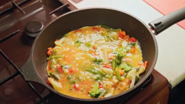 Vegetable Stew Egg Boiling Frying Pan Close Slow — Stock Video