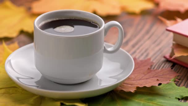 Kaffeetasse Auf Einem Holztisch Mit Einem Buch Bunte Herbstliche Ahornblätter — Stockvideo