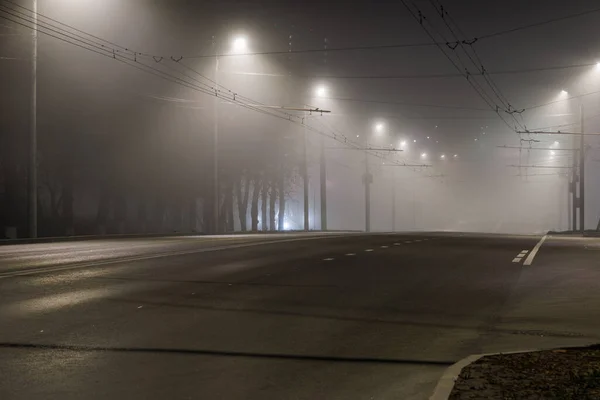 Boş Sisli Gece Yolu Sıra Sıra Lamba Direkleri — Stok fotoğraf