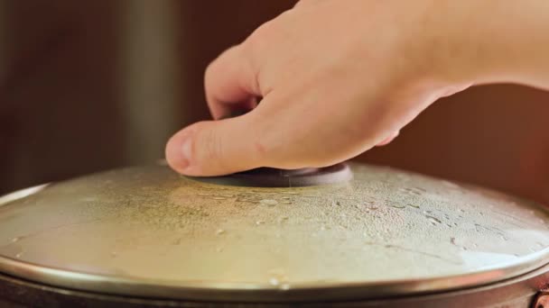 Mão Caucasiana Abre Fecha Tampa Vidro Frigideira Com Uma Omelete — Vídeo de Stock