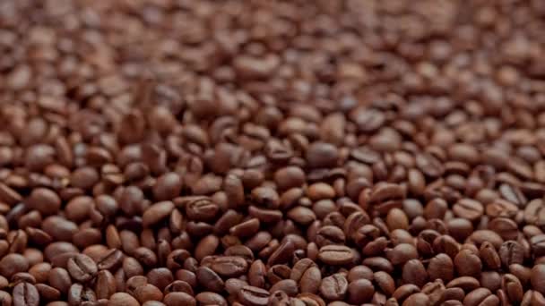 Geröstete Kaffeebohnen fallen in Zeitlupe auf Vollbild-Hintergrund von Kaffeebohnen — Stockvideo