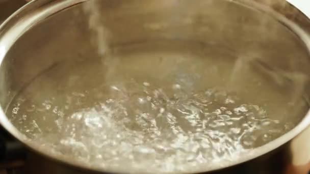 Zout kokend water in roestvrijstalen pot - slo-mo close-up — Stockvideo