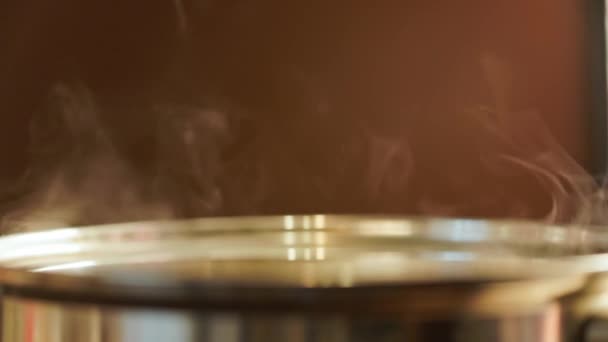 Vapor subindo de panela de cozinha de aço inoxidável - close-up com foco seletivo — Vídeo de Stock