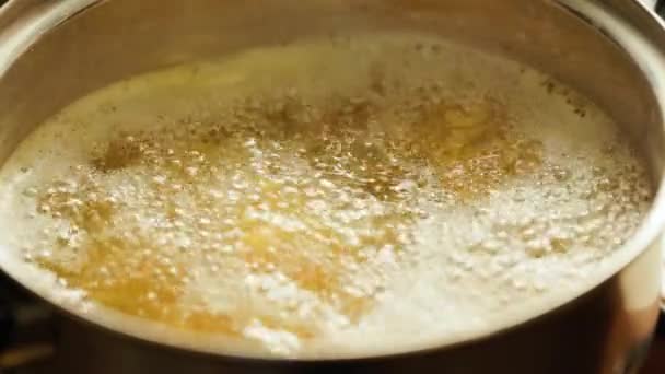 Pasta con especias hirviendo en agua en maceta de acero inoxidable — Vídeos de Stock