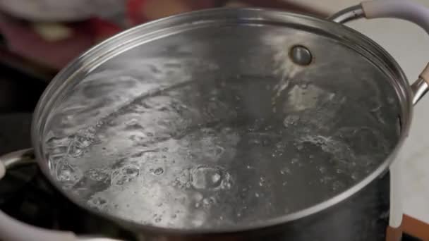 Schoon transparant warm water kokend in roestvrijstalen pot - slo-mo close-up — Stockvideo