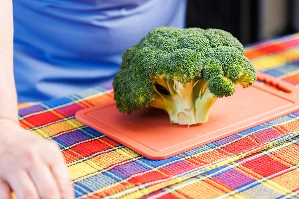 A head of green broccoli on a pink plastic cutting board, and colorful towel underneath in front of blurry caucasian woman — Stockfoto