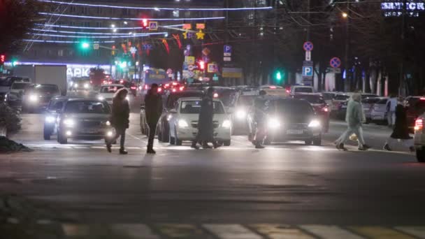 Pedestrians crossing central prospect at winter night — Vídeo de Stock