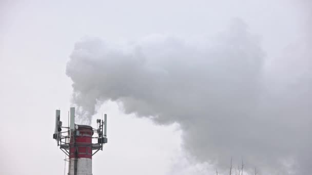 Tubo de la central térmica en invierno con humo saliente, vapor e isículas en antenas de telecomunicación — Vídeos de Stock