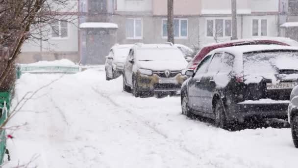 Rusya caddesinde park halindeki arabalarla kış tipi — Stok video