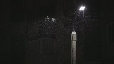Gece lamba direği. Kar fırtınası yakın plan.