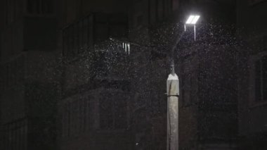 Gece lamba direği. Kar fırtınası yakın plan.