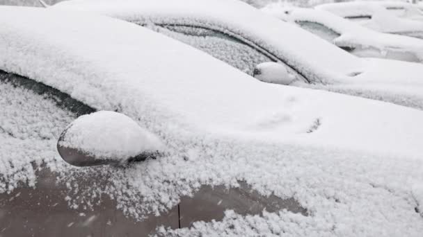 大风雪下一排停放的汽车-慢动作特写 — 图库视频影像
