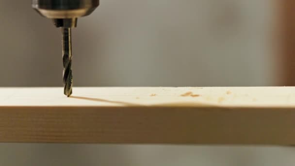 Draaiboor boor door een houten plank close-up in slo-mo — Stockvideo
