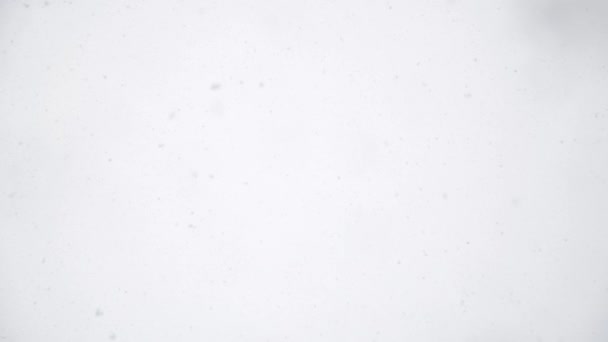 Nieve cayendo del cielo blanco nublado, vista hacia arriba, marco completo slo-mo fondo — Vídeos de Stock