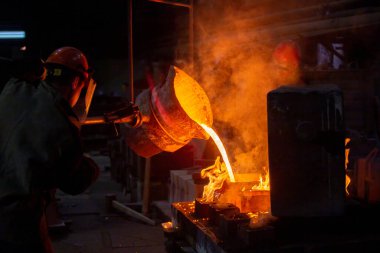 Two workers filling out mold with molten metal in factory.