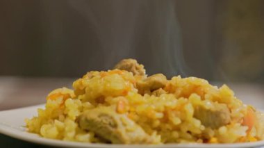 dish of hot pilaf, pilau, pilaw or pilaff with turkey meat spinning on plate