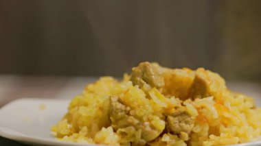 dish of hot pilaf, pilau, pilaw or pilaff with turkey meat spinning on plate