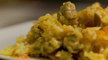 dish of hot pilaf, pilau, pilaw or pilaff with turkey meat spinning on plate