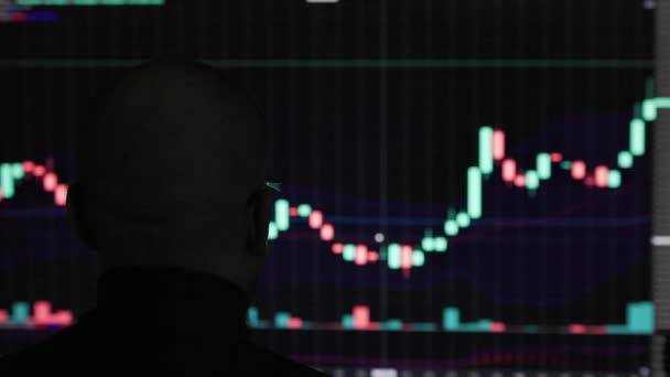 Неузнаваемая лысая голова перед торговым графиком фондового рынка с размытым японским подсвечником на черном фоне — стоковое видео