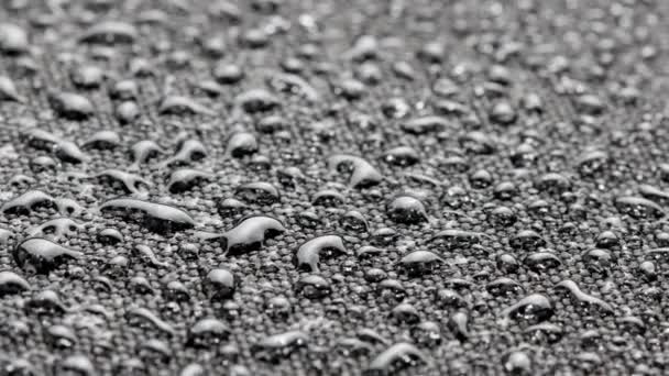 Spinning closeup background of black hydrophobic fabric covered with water drops — kuvapankkivideo