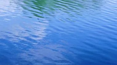 small ripples on the surface of the lake with a reflection of the blue sky and white clouds