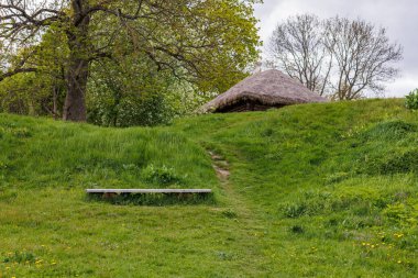 wooden bench under tree near traditional russian house with straw roof