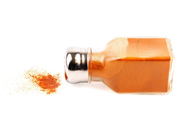 Glass Pepper Pot Powdered Red Pepper Dropped Its Side Isolated — Foto de Stock