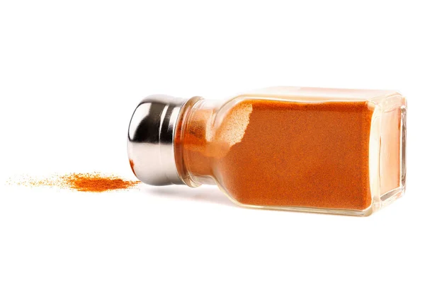 Glass Pepper Pot Powdered Red Pepper Dropped Its Side Isolated — Stok fotoğraf