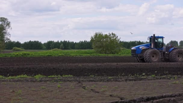 Blue New Holland T9030 Tractor Double Wheels Pulling Harrow Spring — Stok video